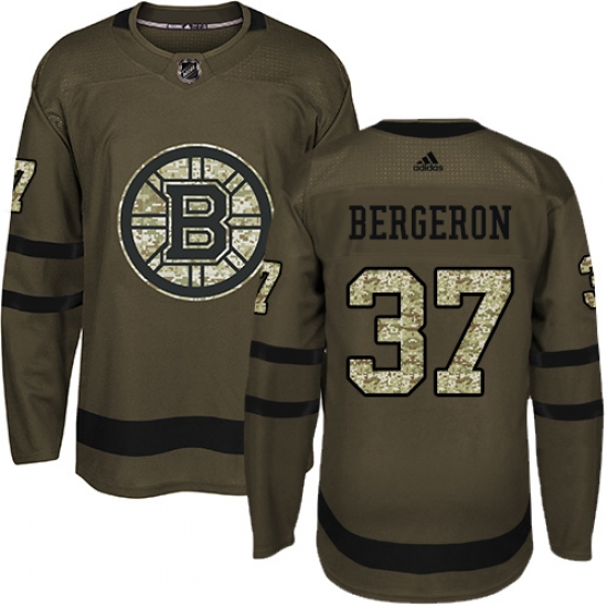 Men's Adidas Boston Bruins 37 Patrice Bergeron Authentic Green Salute to Service NHL Jersey