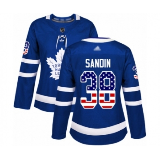 Women's Toronto Maple Leafs 38 Rasmus Sandin Authentic Royal Blue USA Flag Fashion Hockey Jersey