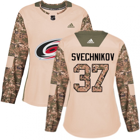 Women's Adidas Carolina Hurricanes 37 Andrei Svechnikov Authentic Camo Veterans Day Practice NHL Jersey