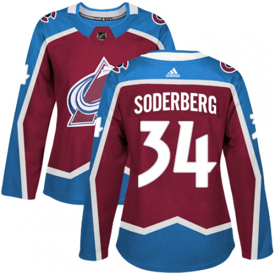 Women's Adidas Colorado Avalanche 34 Carl Soderberg Authentic Burgundy Red Home NHL Jersey