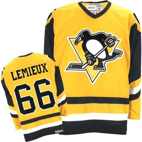 Men's CCM Pittsburgh Penguins 66 Mario Lemieux Authentic Yellow Throwback NHL Jersey