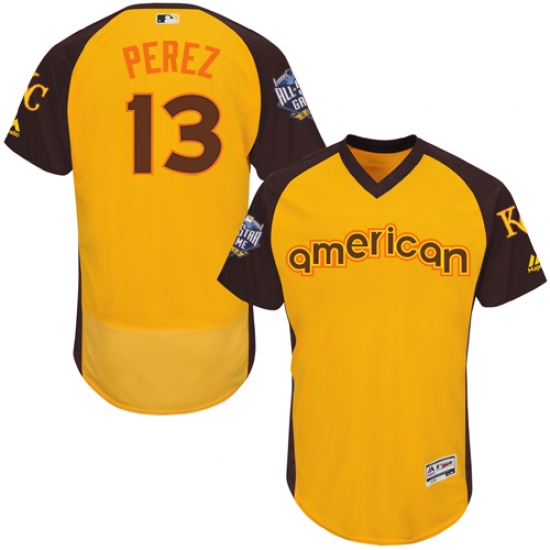 Men's Majestic Kansas City Royals 13 Salvador Perez Yellow 2016 All-Star American League BP Authentic Collection Flex Base MLB Jersey