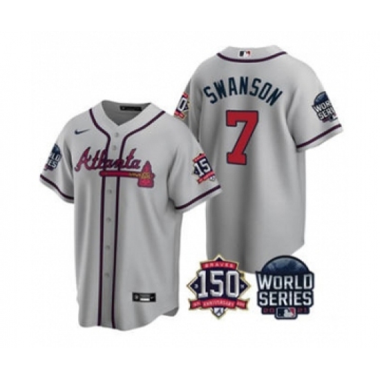 Men's Atlanta Braves 7 Dansby Swanson 2021 Gray World Series With 150th Anniversary Patch Cool Base Baseball Jersey