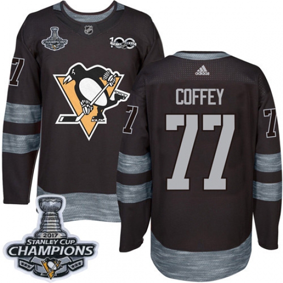 Men's Adidas Pittsburgh Penguins 77 Paul Coffey Authentic Black 1917-2017 100th Anniversary 2017 Stanley Cup Champions NHL Jersey