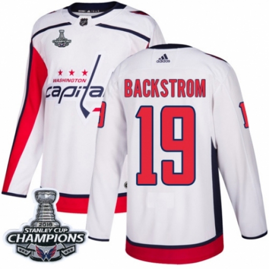 Youth Adidas Washington Capitals 19 Nicklas Backstrom Authentic White Away 2018 Stanley Cup Final Champions NHL Jersey