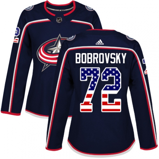 Women's Adidas Columbus Blue Jackets 72 Sergei Bobrovsky Authentic Navy Blue USA Flag Fashion NHL Jersey