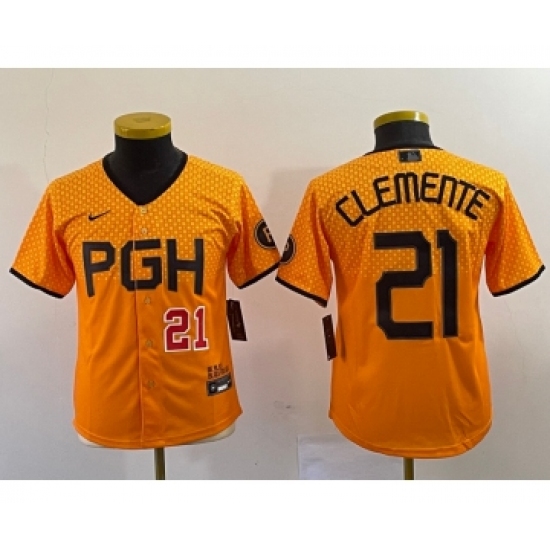 Youth Nike Pittsburgh Pirates 21 Roberto Clemente Number Yellow 2023 City Connect Stitched Jersey