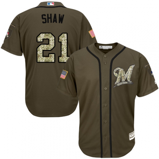 Men's Majestic Milwaukee Brewers 21 Travis Shaw Authentic Green Salute to Service MLB Jersey