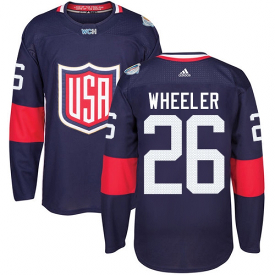 Men's Adidas Team USA 26 Blake Wheeler Authentic Navy Blue Away 2016 World Cup Ice Hockey Jersey