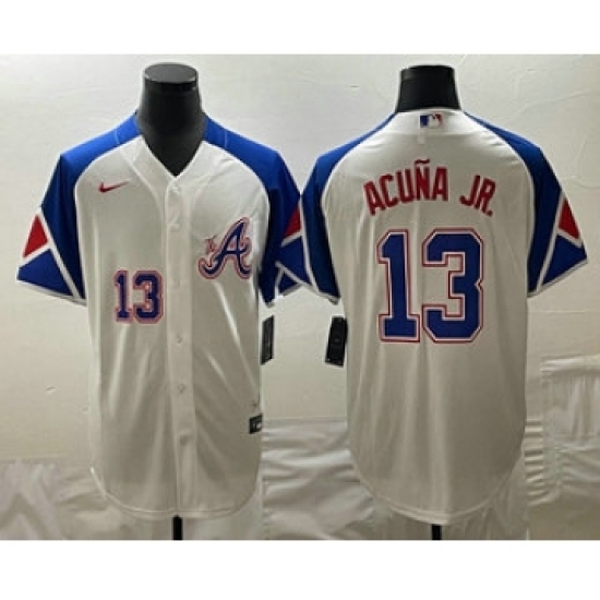 Mens Atlanta Braves 13 Ronald Acuna Jr Number White 2023 City Connect Cool Base Stitched Jersey