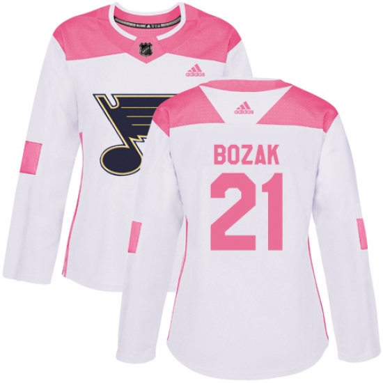 Women's Adidas St. Louis Blues 21 Tyler Bozak Authentic White Pink Fashion NHL Jersey