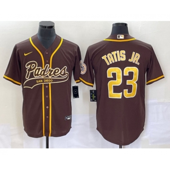 Men's San Diego Padres 23 Fernando Tatis Jr Brown NEW 2023 Cool Base Stitched Jersey 1