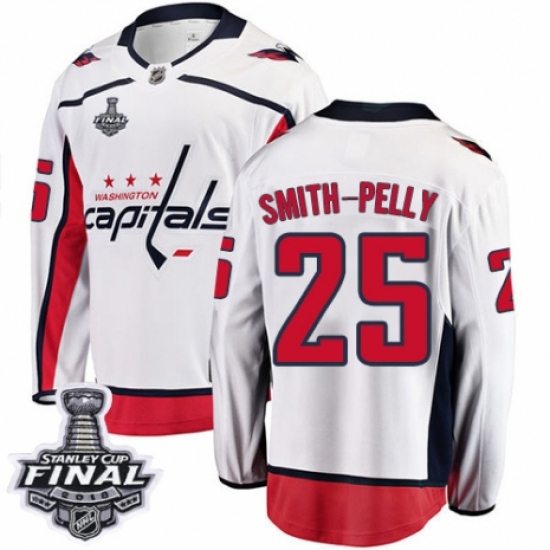 Men's Washington Capitals 25 Devante Smith-Pelly Fanatics Branded White Away Breakaway 2018 Stanley Cup Final NHL Jersey