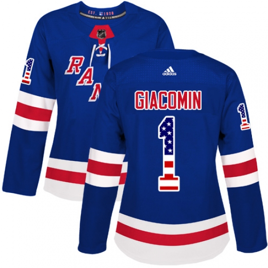 Women's Adidas New York Rangers 1 Eddie Giacomin Authentic Royal Blue USA Flag Fashion NHL Jersey