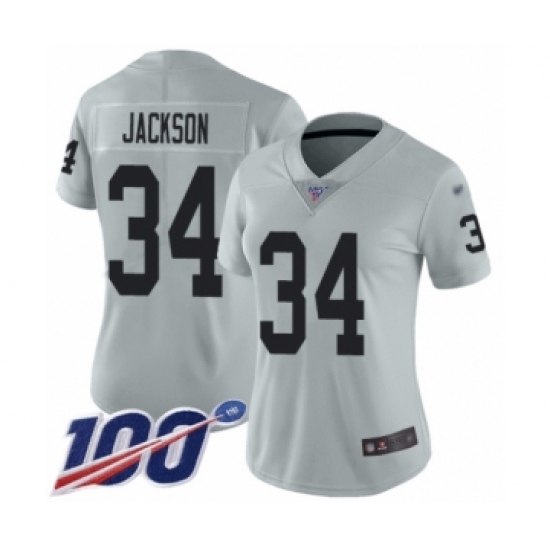 Women's Oakland Raiders 34 Bo Jackson Limited Silver Inverted Legend 100th Season Football Jersey