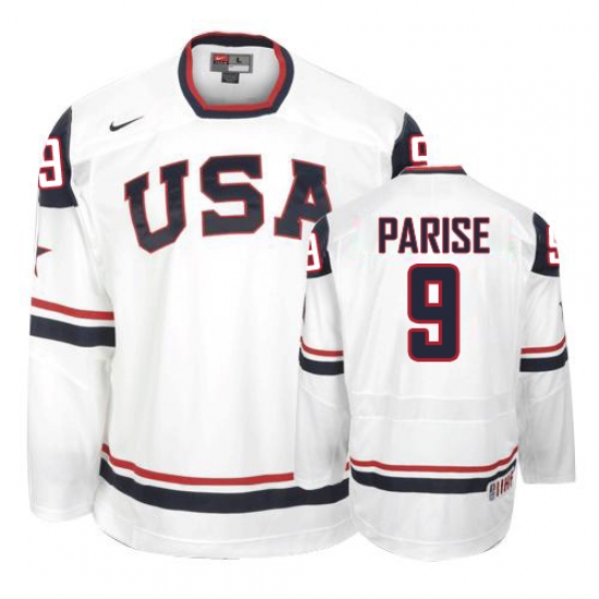 Men's Nike Team USA 9 Zach Parise Authentic White 2010 Olympic Hockey Jersey