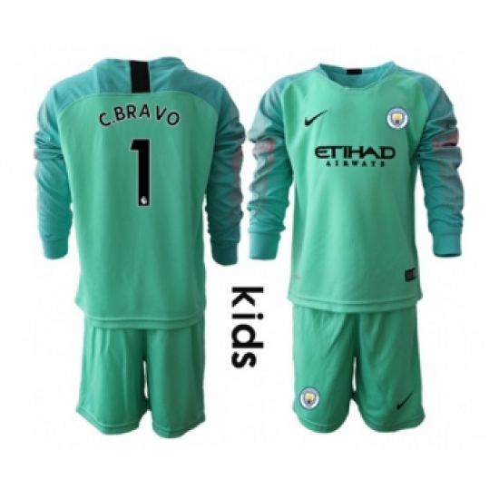 Manchester City 1 C.Bravo Green Goalkeeper Long Sleeves Kid Soccer Club Jersey