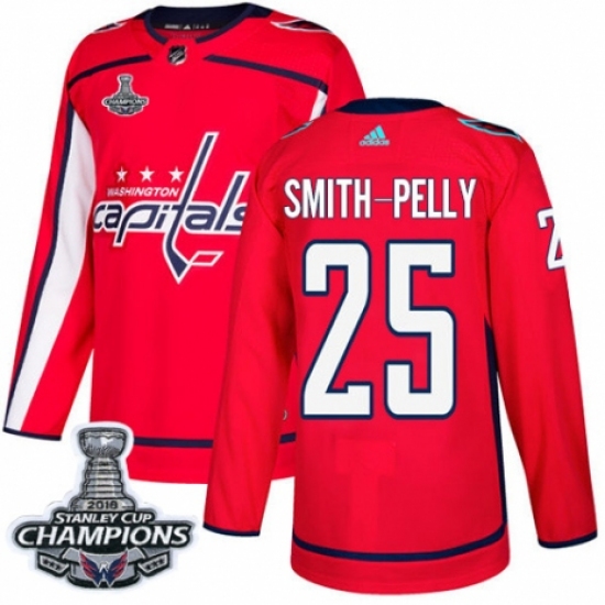 Men's Adidas Washington Capitals 25 Devante Smith-Pelly Premier Red Home 2018 Stanley Cup Final Champions NHL Jersey