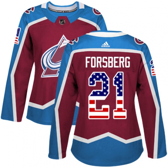 Women's Adidas Colorado Avalanche 21 Peter Forsberg Authentic Burgundy Red USA Flag Fashion NHL Jersey