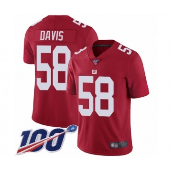 Youth New York Giants 58 Tae Davis Red Limited Red Inverted Legend 100th Season Football Jersey