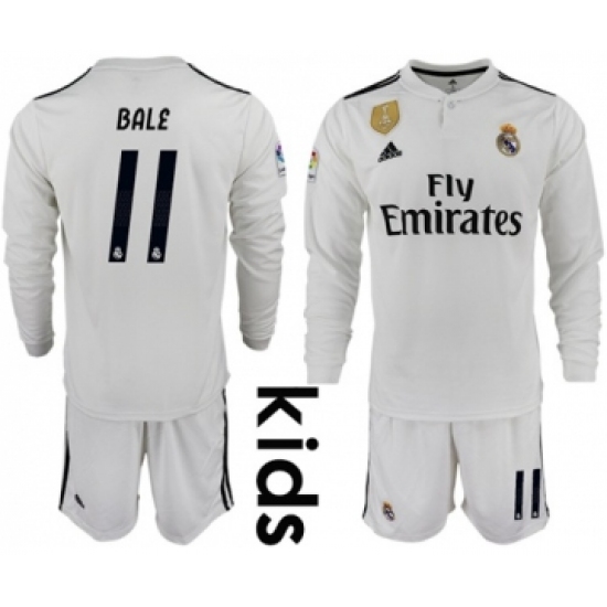 Real Madrid 11 Bale Home Long Sleeves Kid Soccer Club Jersey