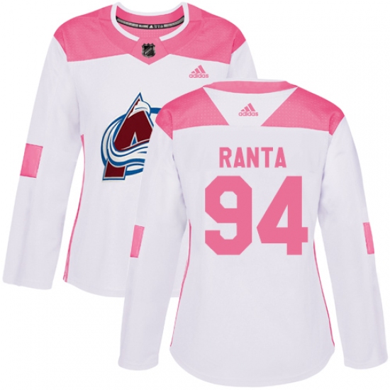 Women's Adidas Colorado Avalanche 94 Sampo Ranta Authentic White Pink Fashion NHL Jersey