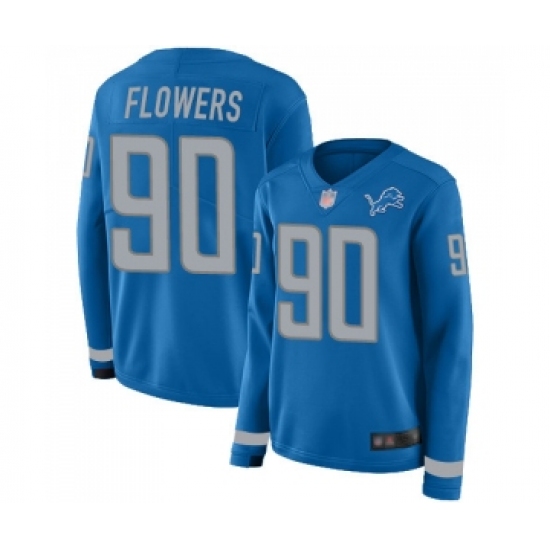 Women's Detroit Lions 90 Trey Flowers Limited Blue Therma Long Sleeve Football Jersey