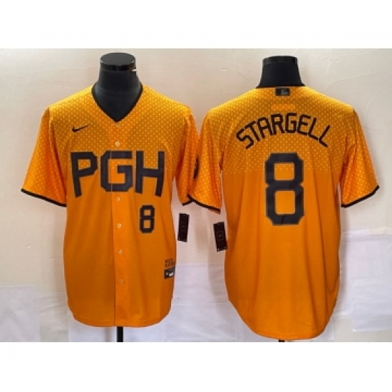 Men's Nike Pittsburgh Pirates 8 Willie Stargell Number Gold 2023 City Connect Stitched Jersey 1