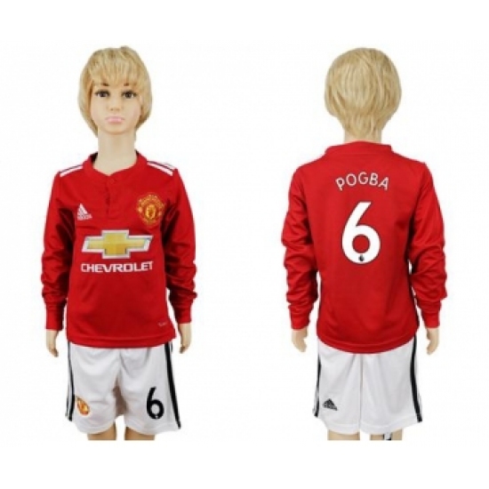 Manchester United 6 Pogba Home Long Sleeves Kid Soccer Club Jersey