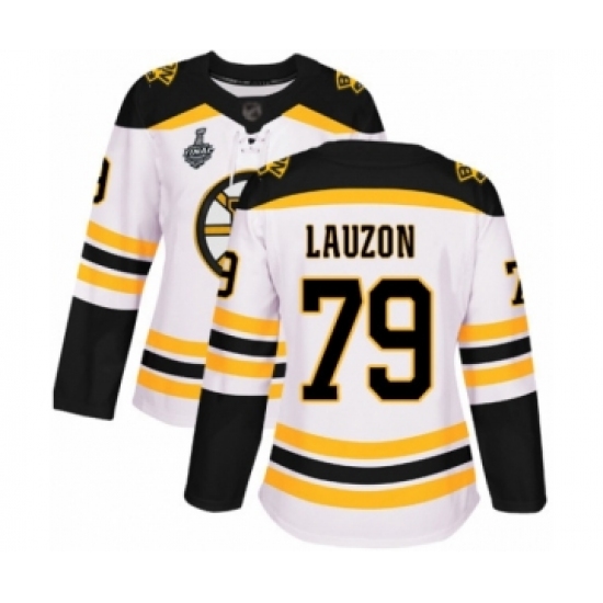 Women's Boston Bruins 79 Jeremy Lauzon Authentic White Away 2019 Stanley Cup Final Bound Hockey Jersey