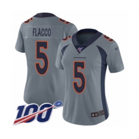 Women's Denver Broncos 5 Joe Flacco Limited Silver Inverted Legend 100th Season Football Jersey