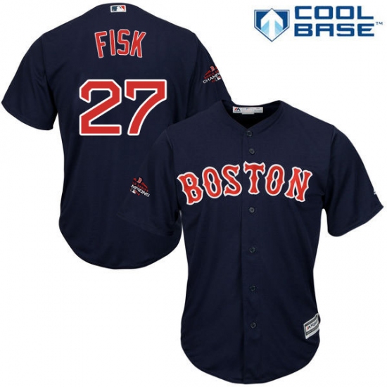 Youth Majestic Boston Red Sox 27 Carlton Fisk Authentic Navy Blue Alternate Road Cool Base 2018 World Series Champions MLB Jersey