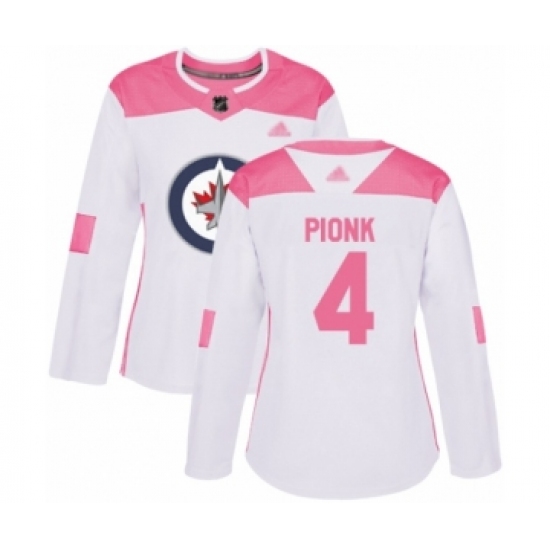 Women's Winnipeg Jets 4 Neal Pionk Authentic White Pink Fashion Hockey Jersey