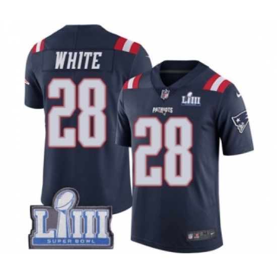 Men's Nike New England Patriots 28 James White Limited Navy Blue Rush Vapor Untouchable Super Bowl LIII Bound NFL Jersey
