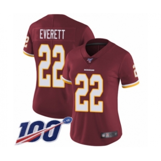 Women's Washington Redskins 22 Deshazor Everett Burgundy Red Team Color Vapor Untouchable Limited Player 100th Season Football Jersey