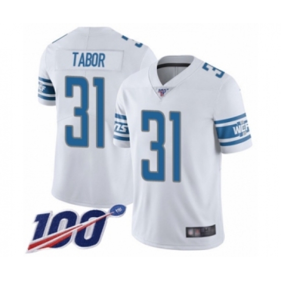 Men's Detroit Lions 31 Teez Tabor White Vapor Untouchable Limited Player 100th Season Football Jersey