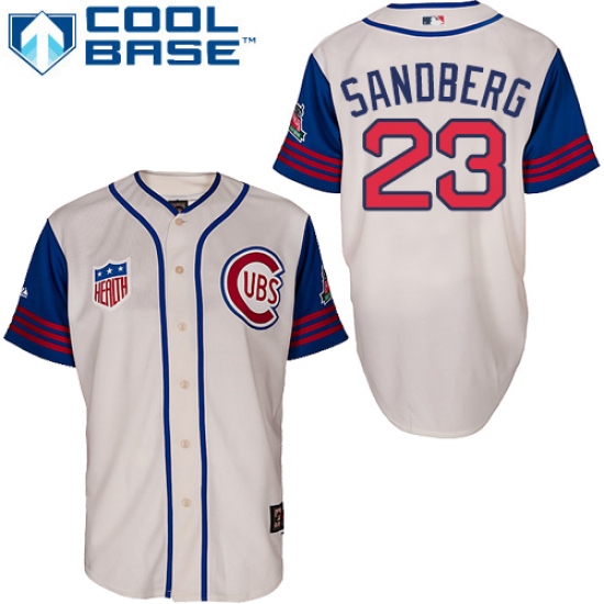 Men's Majestic Chicago Cubs 23 Ryne Sandberg Authentic Cream/Blue 1942 Turn Back The Clock MLB Jersey