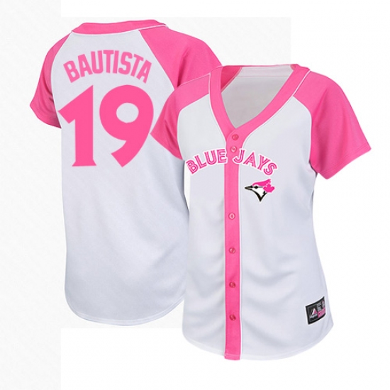 Women's Majestic Toronto Blue Jays 19 Jose Bautista Authentic White/Pink Splash Fashion MLB Jersey