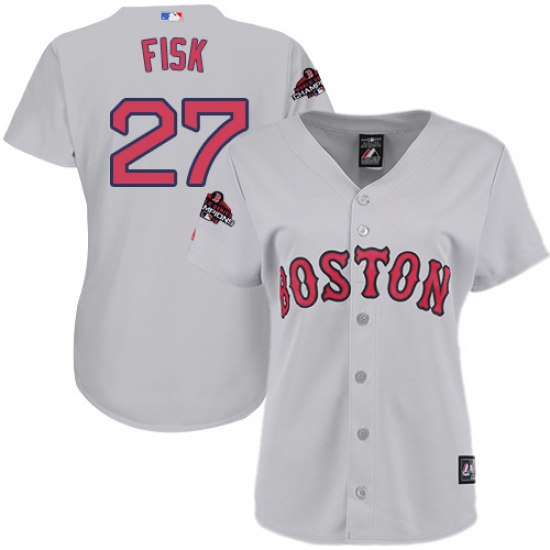 Women's Majestic Boston Red Sox 27 Carlton Fisk Authentic Grey Road 2018 World Series Champions MLB Jersey