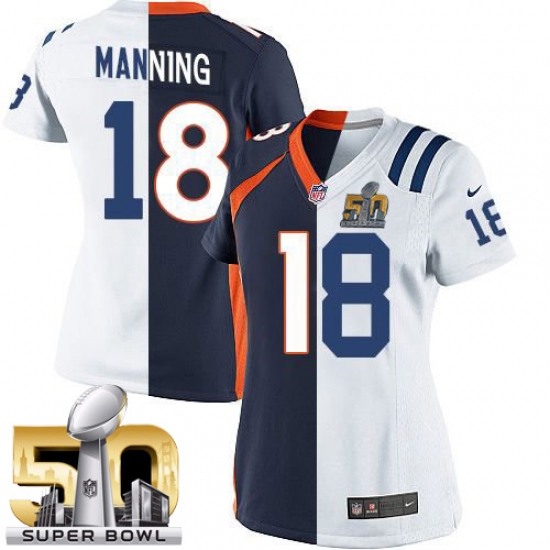 Women's Nike Denver Broncos 18 Peyton Manning Limited Orange/Royal Blue Split Fashion Super Bowl 50 Bound NFL Jersey