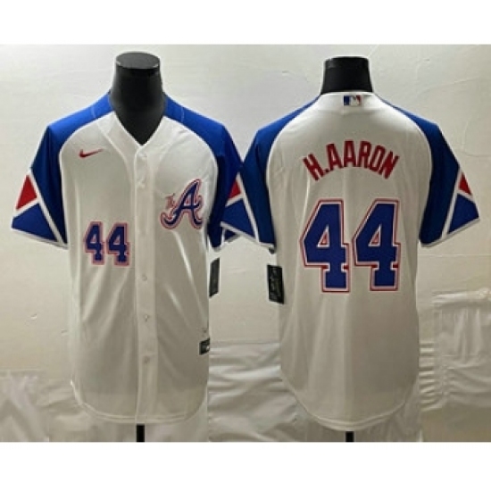 Mens Atlanta Braves 44 Hank Aaron Number White 2023 City Connect Cool Base Stitched Jersey