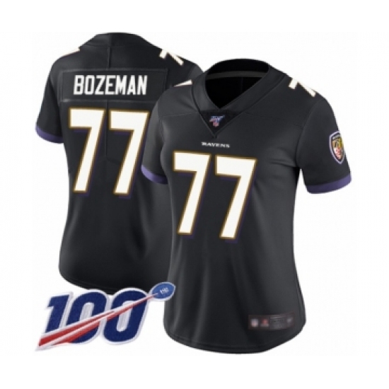 Women's Baltimore Ravens 77 Bradley Bozeman Black Alternate Vapor Untouchable Limited Player 100th Season Football Jersey