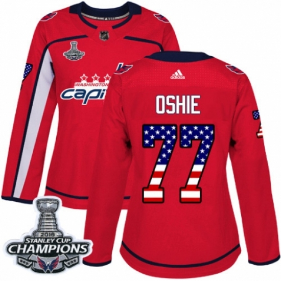 Women's Adidas Washington Capitals 77 T.J. Oshie Authentic Red USA Flag Fashion 2018 Stanley Cup Final Champions NHL Jersey