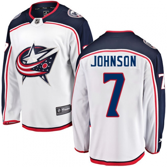 Men's Columbus Blue Jackets 7 Jack Johnson Fanatics Branded White Away Breakaway NHL Jersey