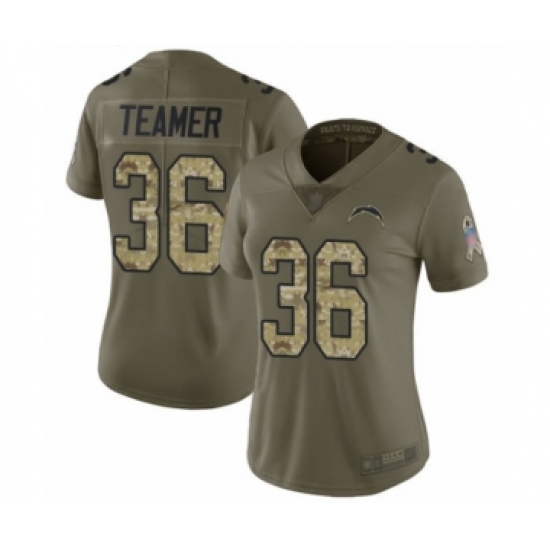 Women's Los Angeles Chargers 36 Roderic Teamer Limited Olive Camo 2017 Salute to Service Football Jersey