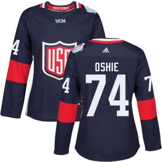 Women's Adidas Team USA 74 T. J. Oshie Premier Navy Blue Away 2016 World Cup Hockey Jersey