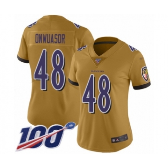 Women's Baltimore Ravens 48 Patrick Onwuasor Limited Gold Inverted Legend 100th Season Football Jersey