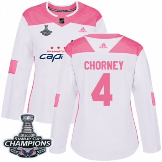 Women's Adidas Washington Capitals 4 Taylor Chorney Authentic White Pink Fashion 2018 Stanley Cup Final Champions NHL Jersey