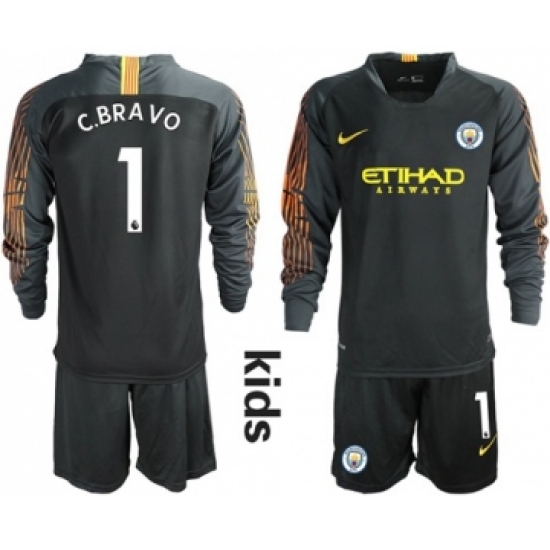 Manchester City 1 C.Bravo Black Goalkeeper Long Sleeves Kid Soccer Club Jersey
