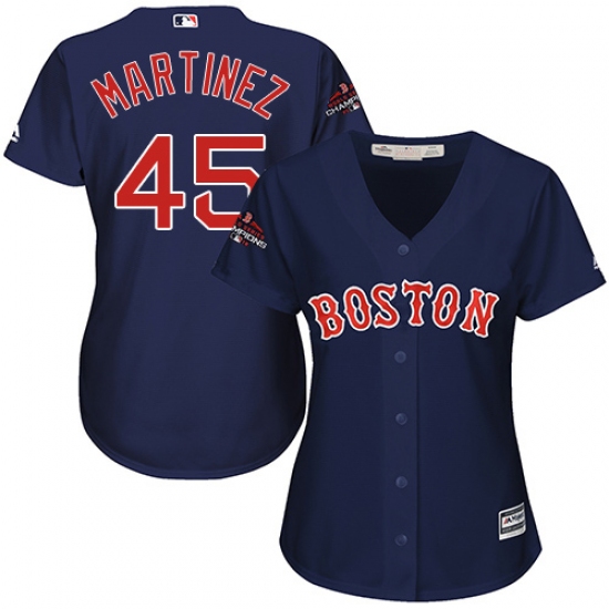 Women's Majestic Boston Red Sox 45 Pedro Martinez Authentic Navy Blue Alternate Road 2018 World Series Champions MLB Jersey